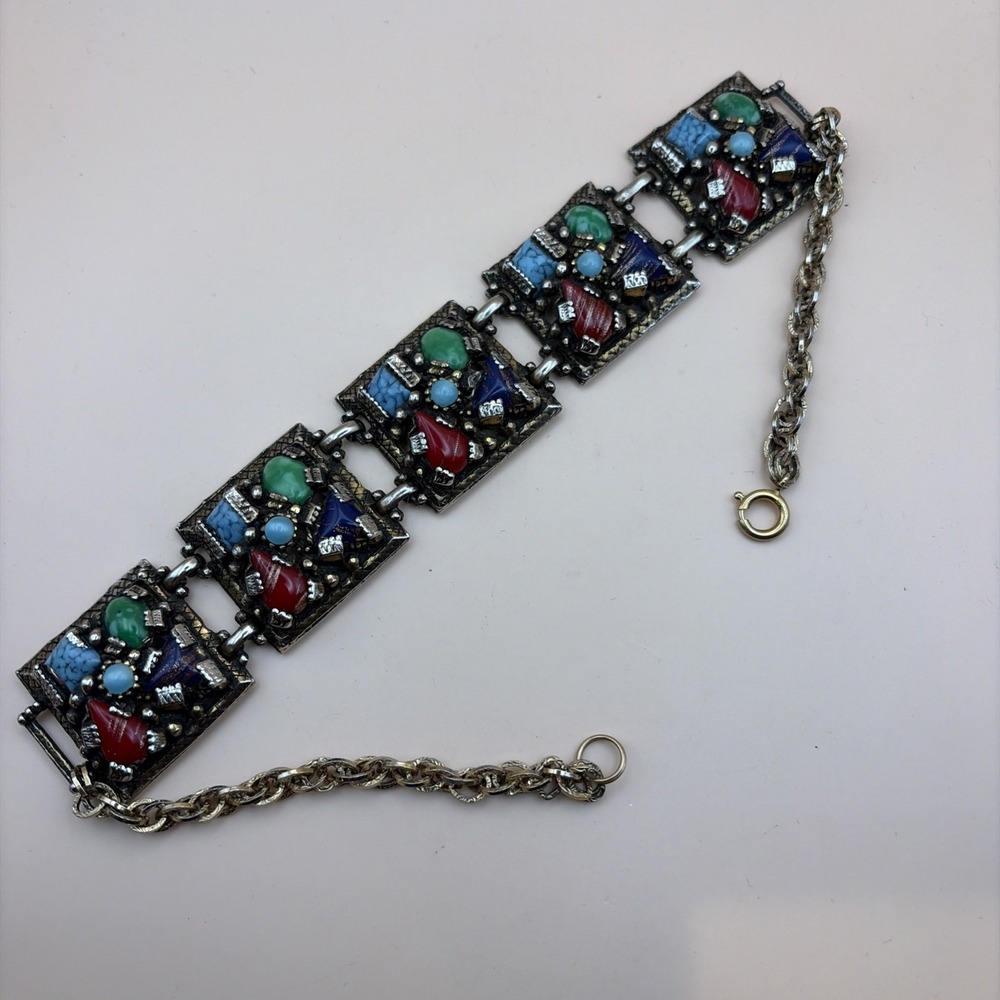 Vintage selro selini bracelet art glass cabochon panel link unsigned -READ